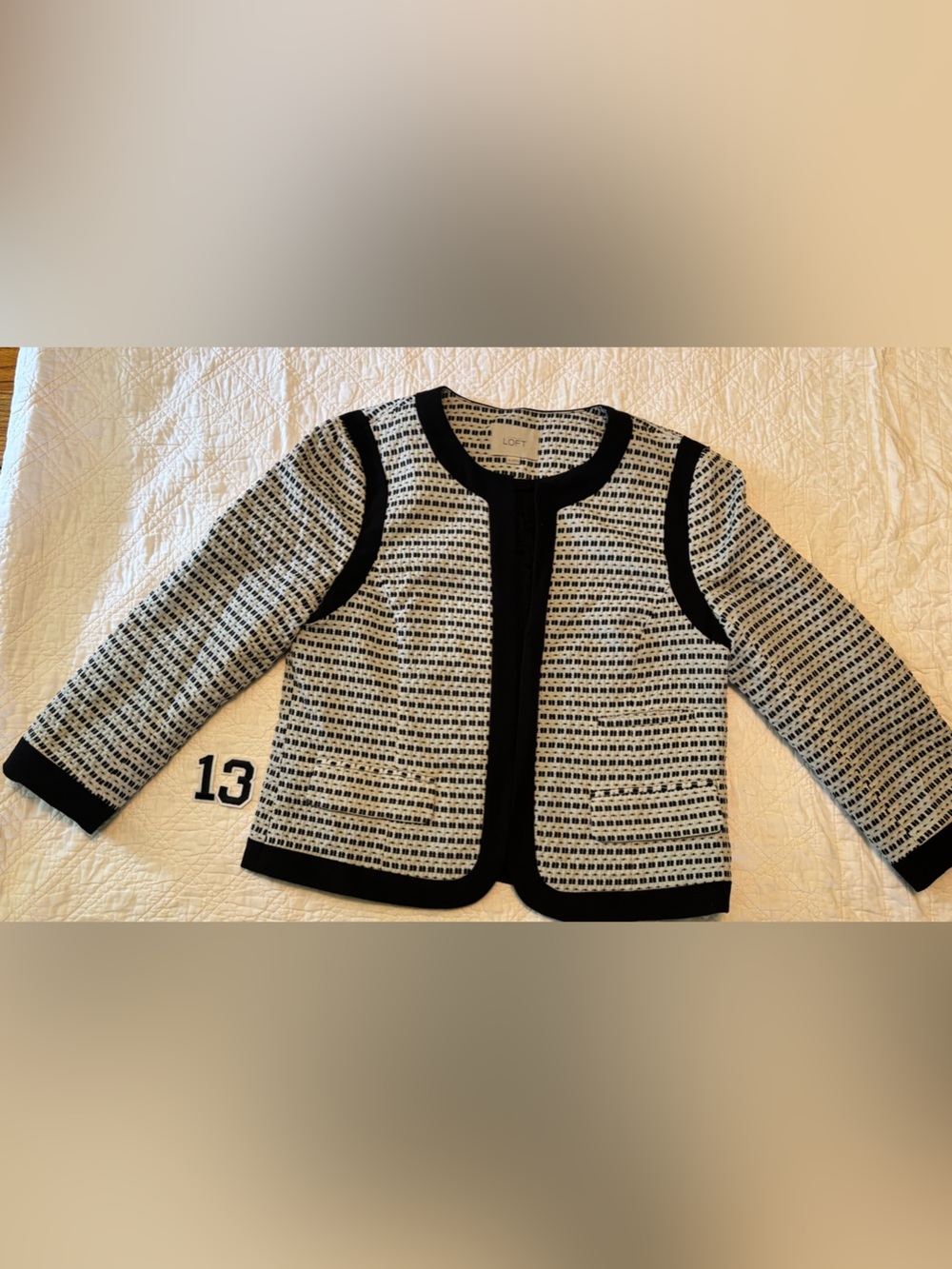 LOFT Black and White Tweed Trimmed Cardigan Jacket